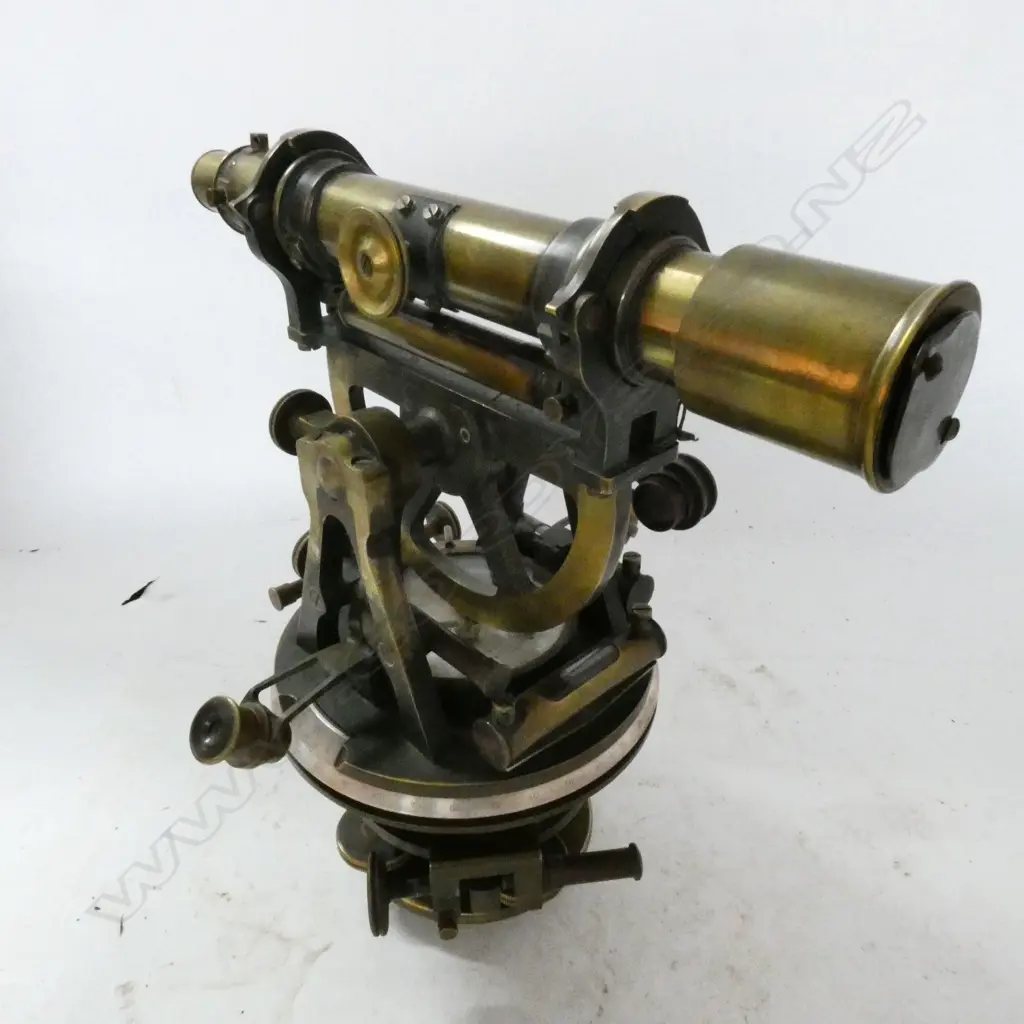 TROUGHTON & SIMMS BRASS THEODOLITE, w 10½" TELESCOPE, IN MAHOG BOX, w LEATHER TRAVEL CASE Image 1++